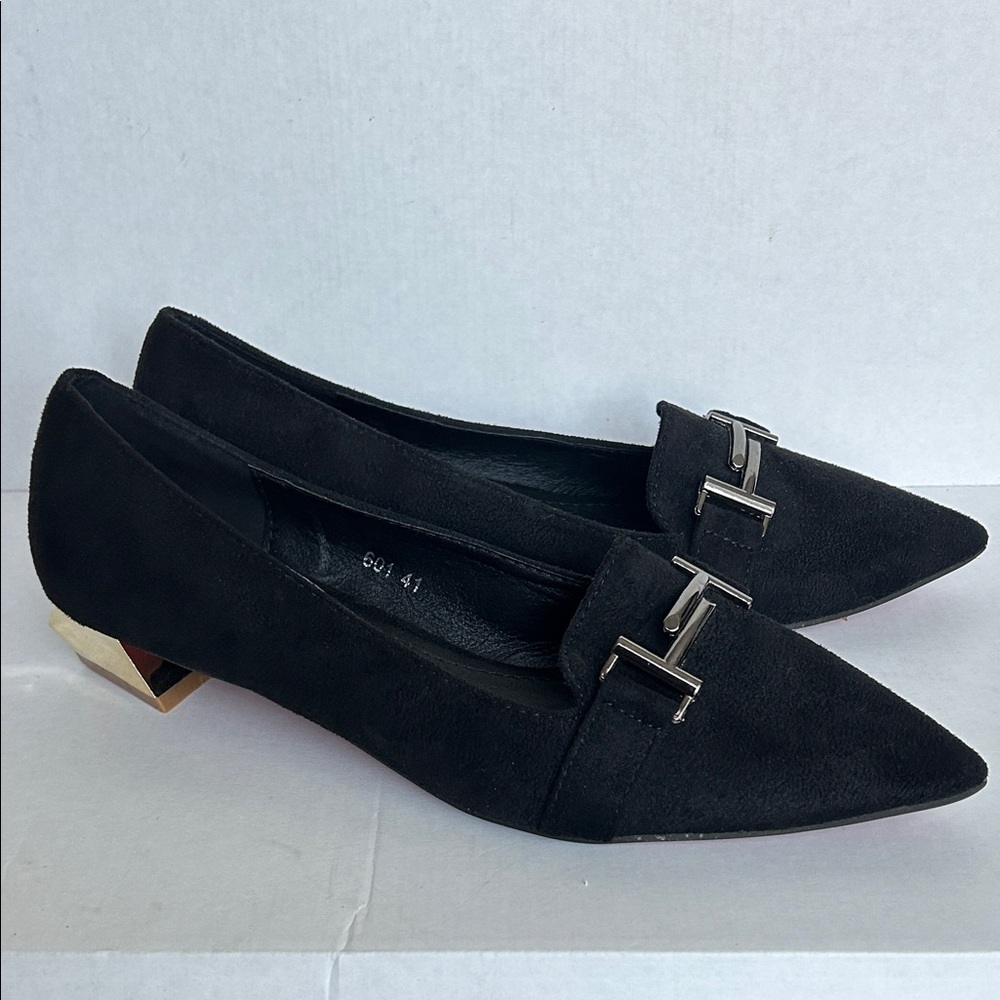 WENDY LOVE Black Loafers with Gold Accent heels and gun metal color on top front